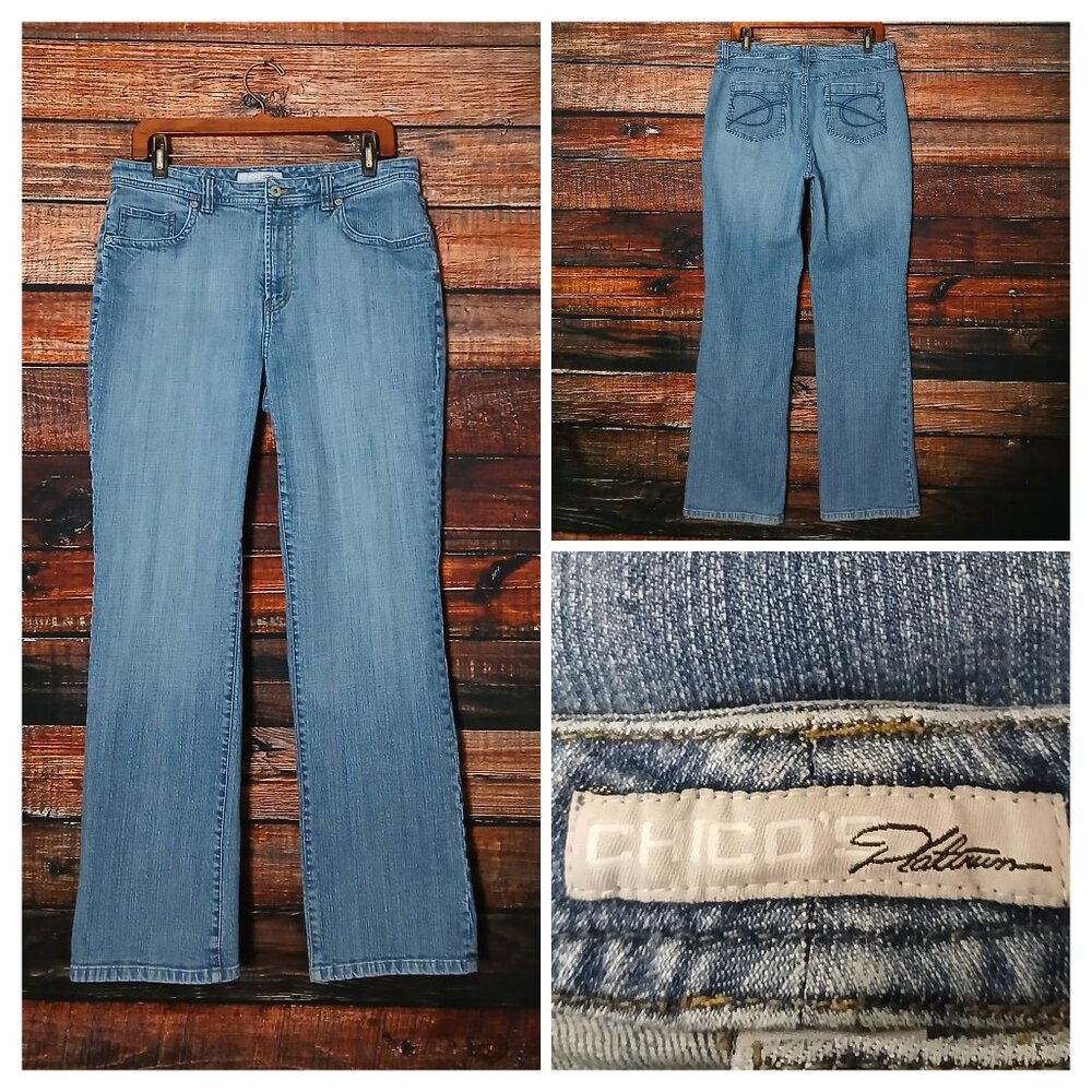 Chicos Platinum Vintage Jeans Size 2 US 12 High Rise Straight Blue Denim Stretch